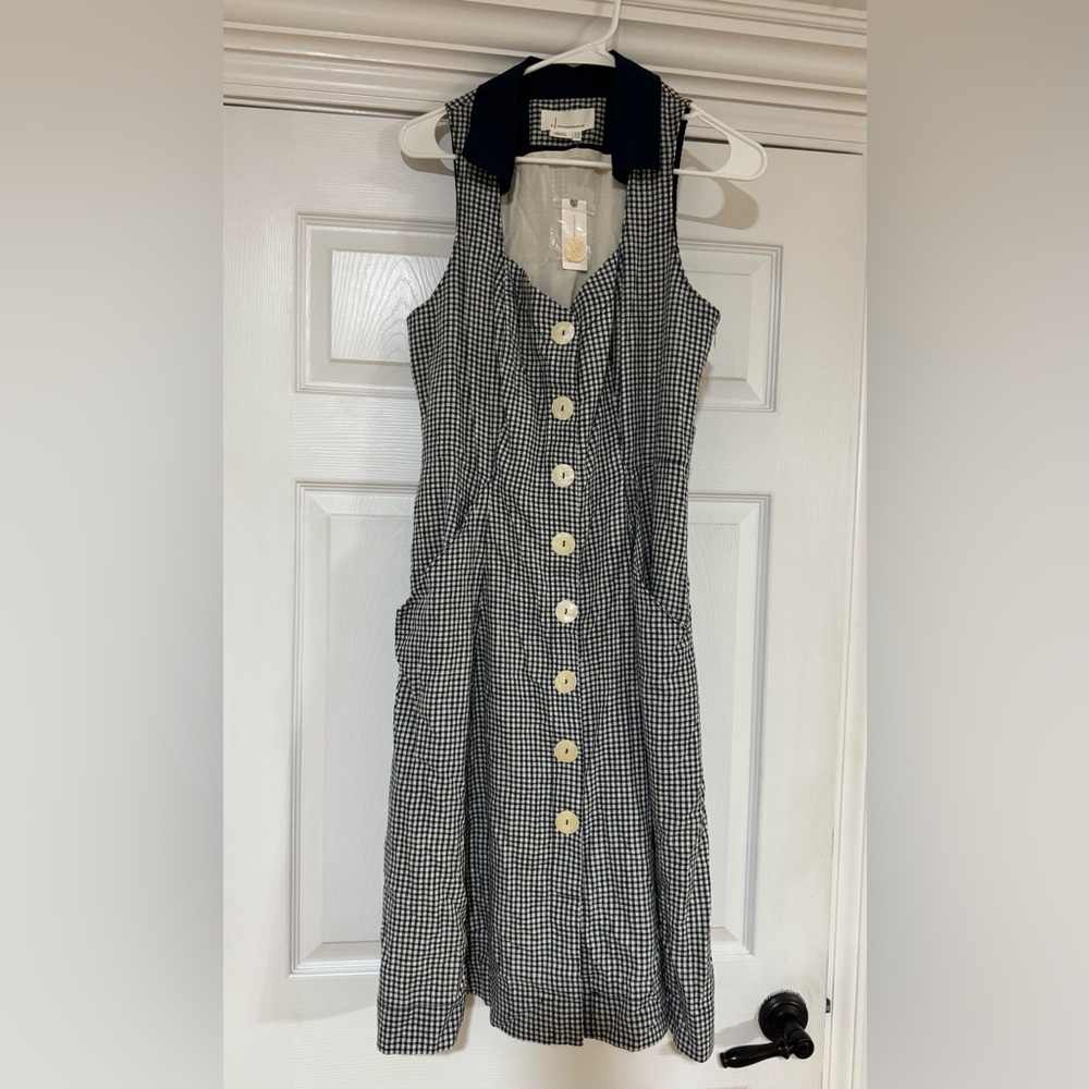 HTF Anthropologie Navy Blue Linen Cotton Gingham Camellia Collared Dress Size 10 - Picture 5 of 13
